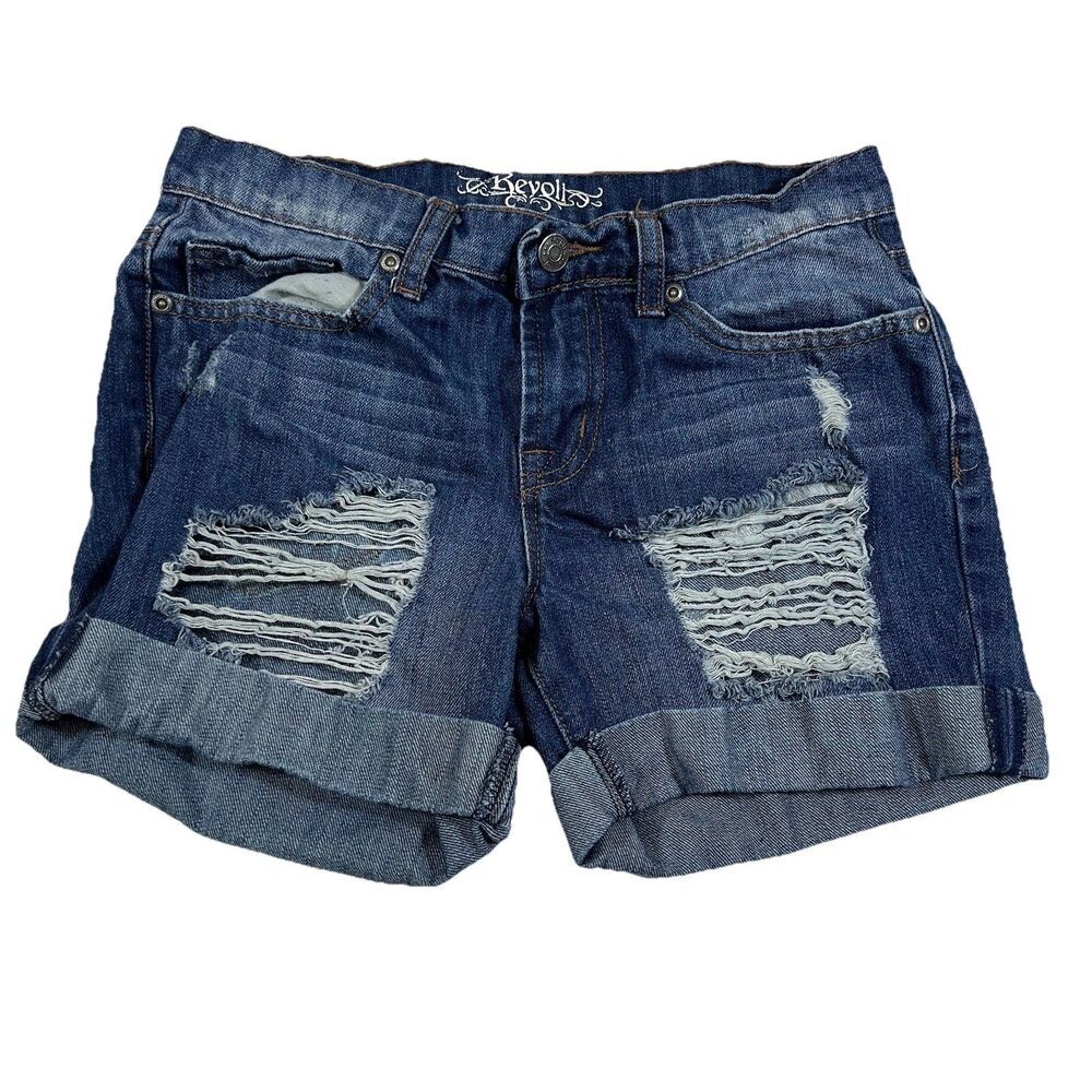 Revolt Distressed Denim Blue Jean Cuff Stretch Jean Shorts Juniors Size 1